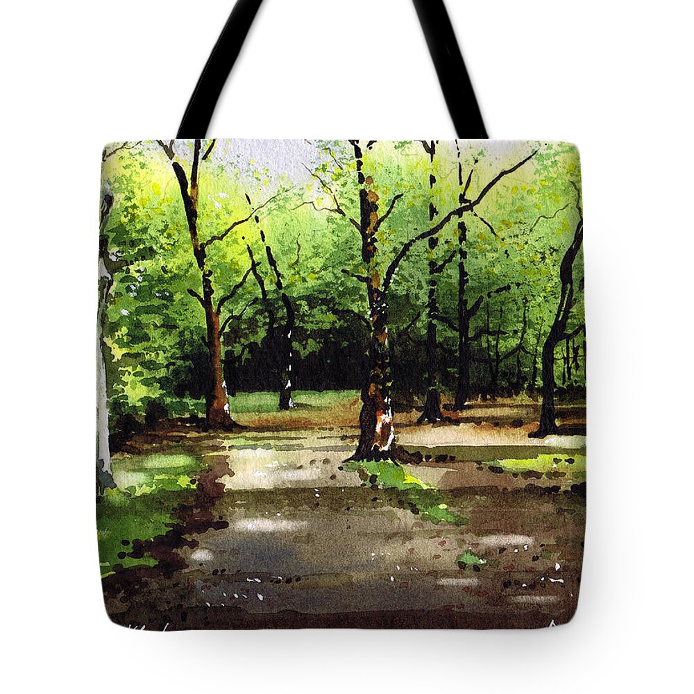 Woods Tote Bag featuring the painting Path Through Judy Woods by Paul Dene Marlor