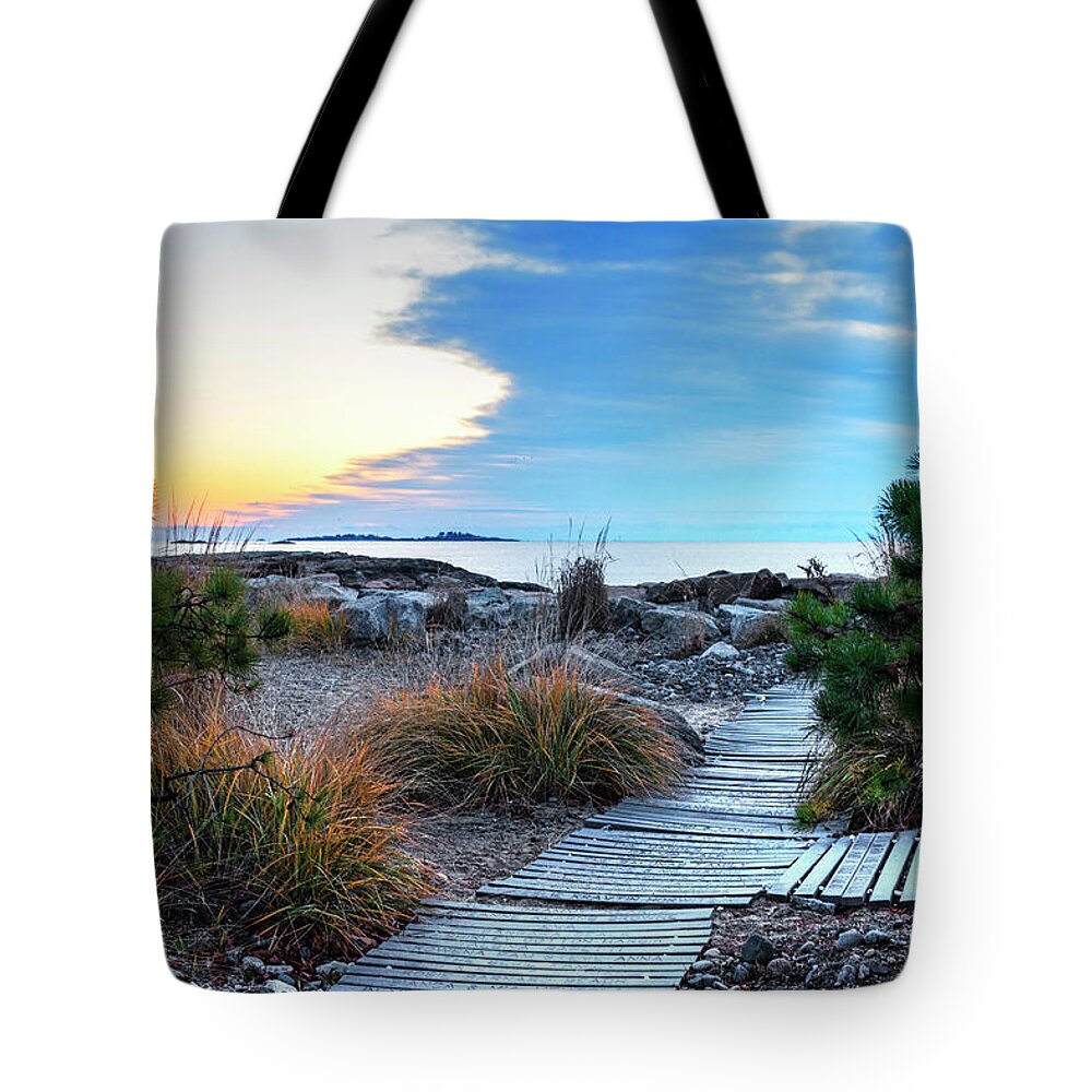 Preston Tote Bag featuring the photograph Path to the beach Preston Beach Marblehead Massachusetts Sunrise by Toby McGuire