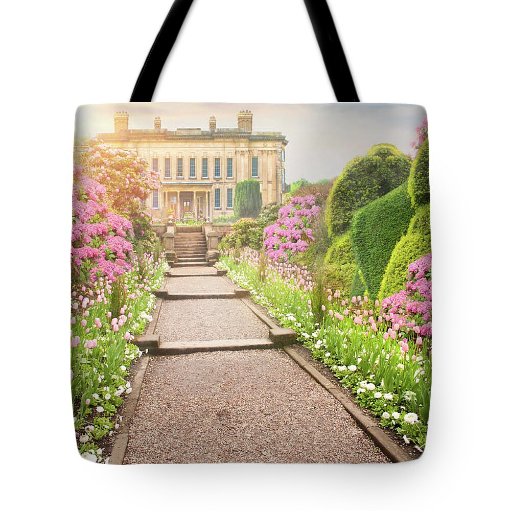 Mansion Tote Bag featuring the photograph Pathway To The Mansion Through Tulips At Sunset by Lee Avison
