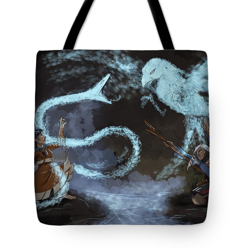 Native American Tote Bag featuring the digital art Pathways - Shaman Battle by Brandy Woods