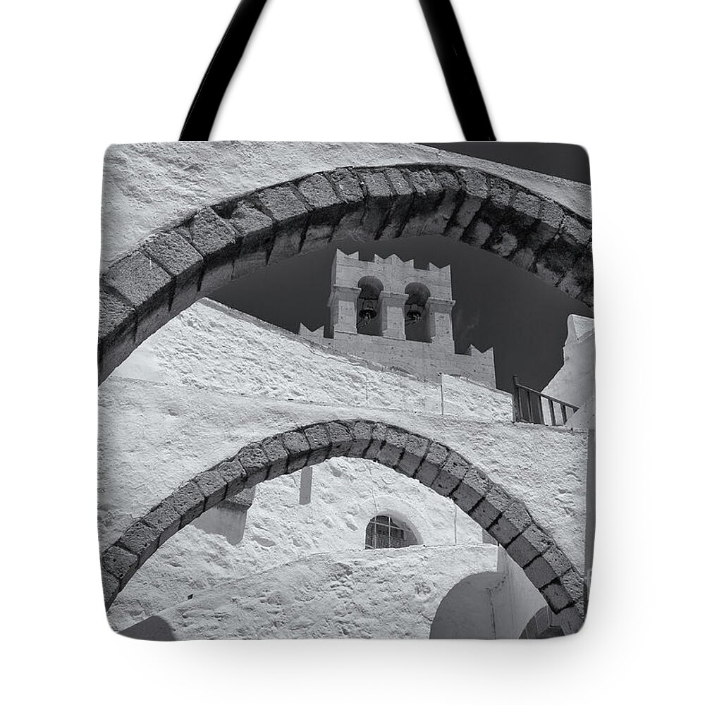 Aegean Sea Tote Bag featuring the photograph Patmos Monastery Arches by Inge Johnsson