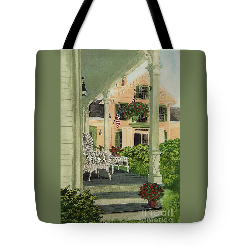 Side Porch Tote Bag featuring the painting Patriotic Country Porch by Charlotte Blanchard