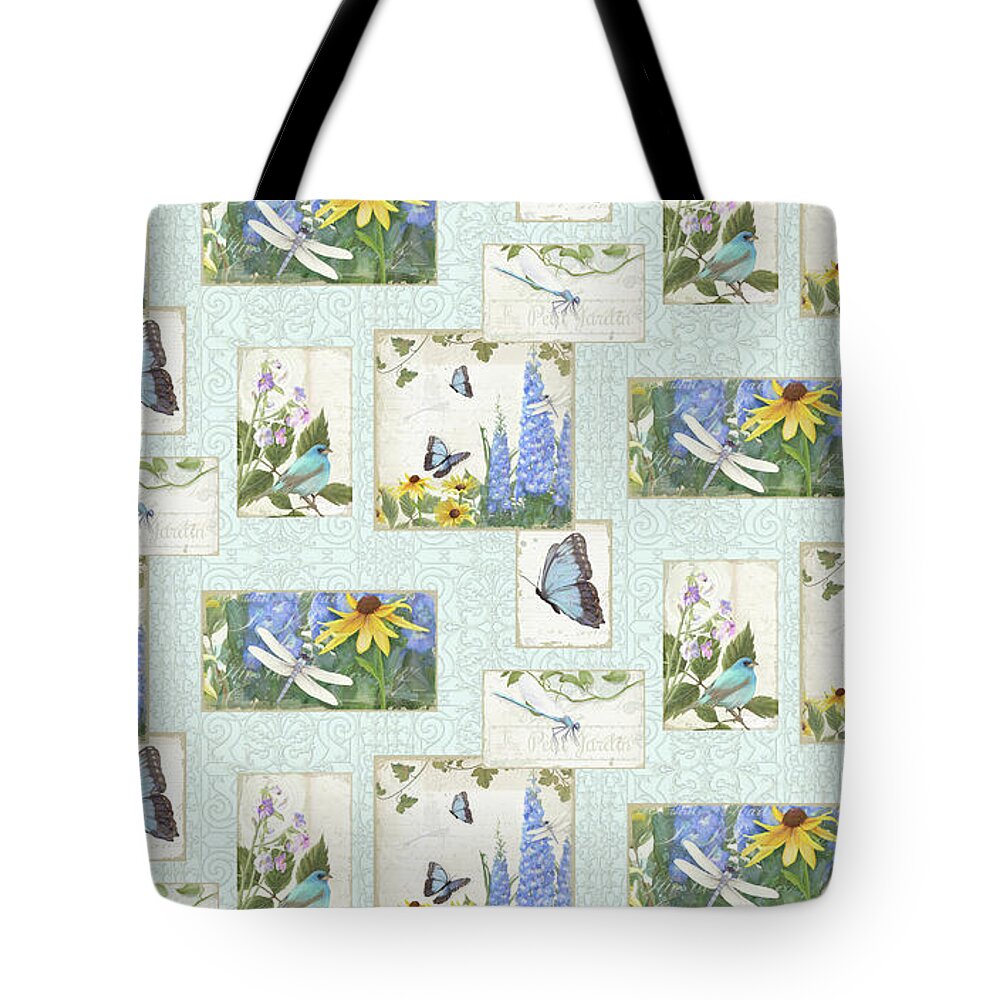 Half Drop Repeat Tote Bag featuring the painting Pattern Butterflies Dragonflies Birds and Blue and Yellow Floral by Audrey Jeanne Roberts