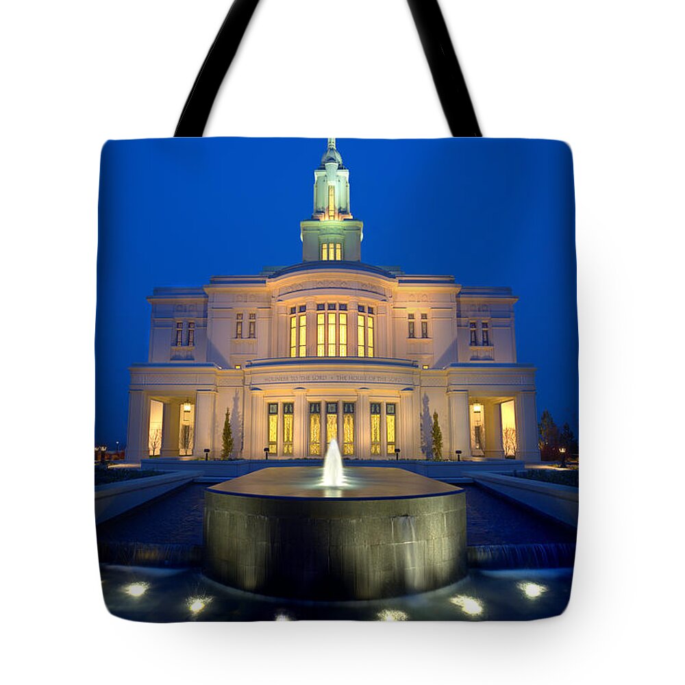 Angel Moroni Tote Bag featuring the photograph Payson Temple at Dusk by David Andersen