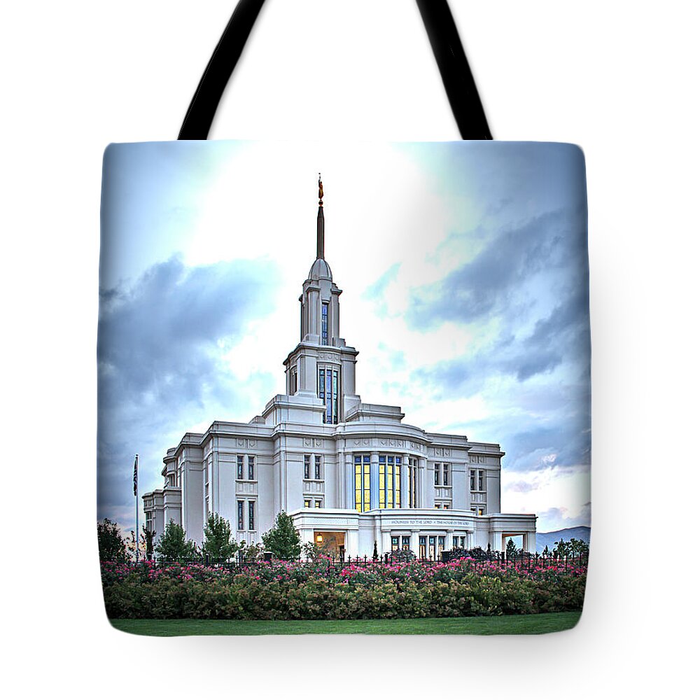 Payson Tote Bag featuring the digital art Payson Temple by K Bradley Washburn