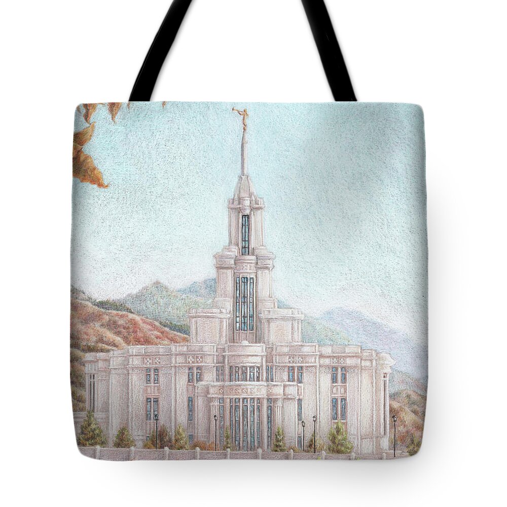 Lds Tote Bag featuring the drawing Payson UT LDS Temple by Pris Hardy