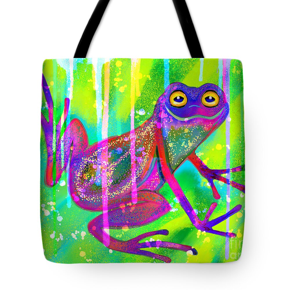 Frog Tote Bag featuring the painting Peace frog in the Rainbow Rain by Nick Gustafson