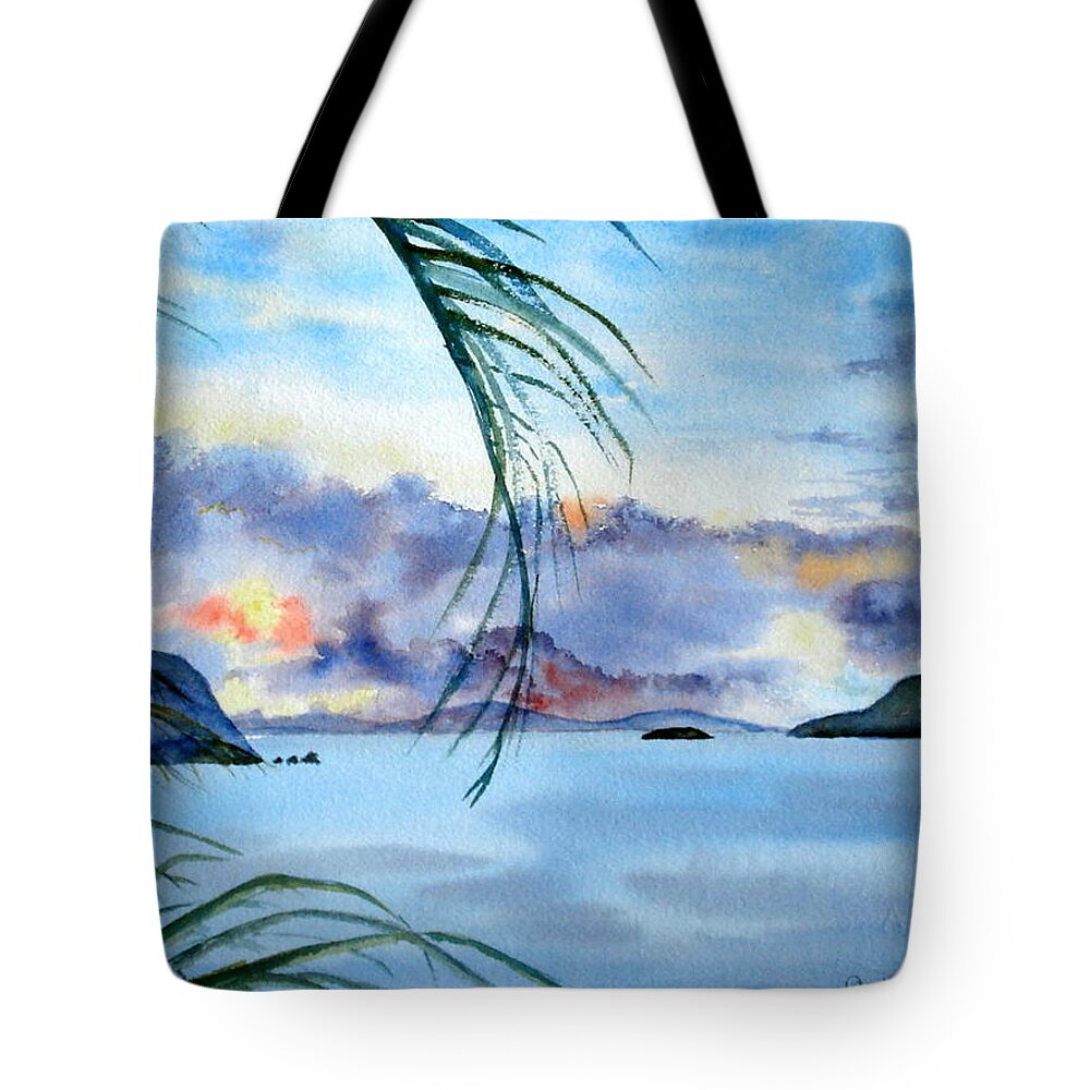 Sunset Tote Bag featuring the painting Peace in the Caribbean by Diane Kirk