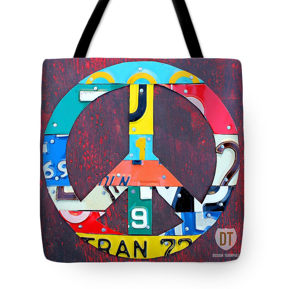 Peace Tote Bag featuring the mixed media Peace License Plate Art by Design Turnpike