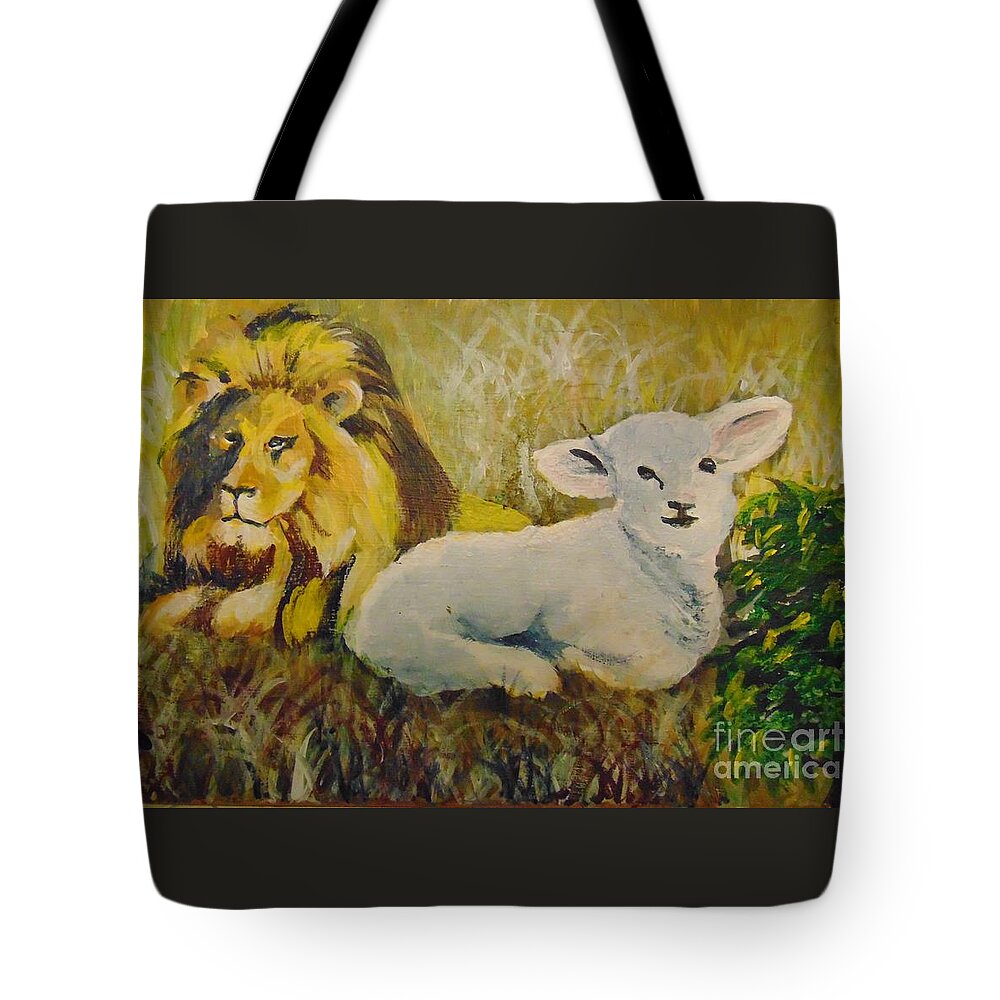 Lion Tote Bag featuring the painting Peace by Saundra Johnson