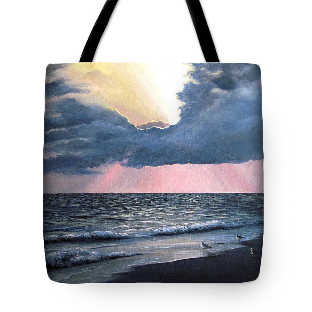 Sea Tote Bag featuring the painting Peaceful Beach Memories Sea View 246 by Lucie Dumas