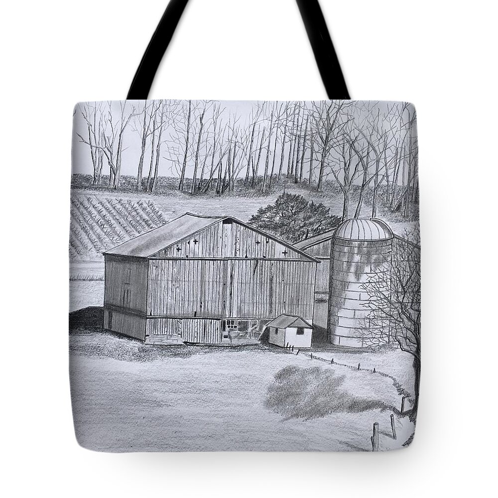 Barn Tote Bag featuring the drawing Peaceful Setting by Tony Clark