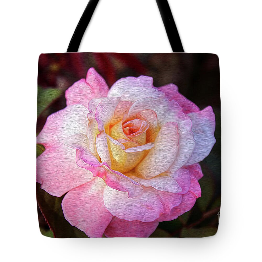 Rose Tote Bag featuring the digital art Peach and White Rose by DB Hayes