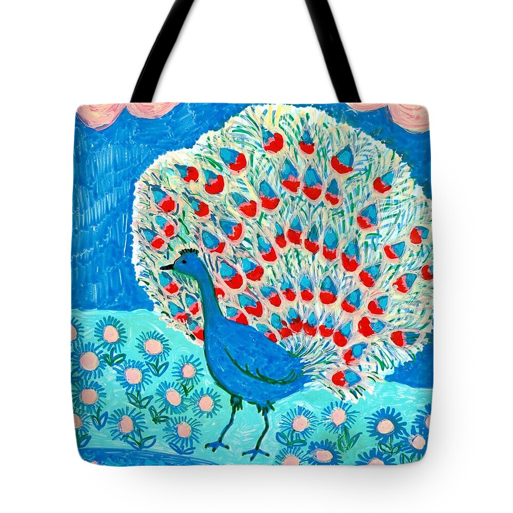 Sue Burgess Tote Bag featuring the painting Peacock and lily pond by Sushila Burgess