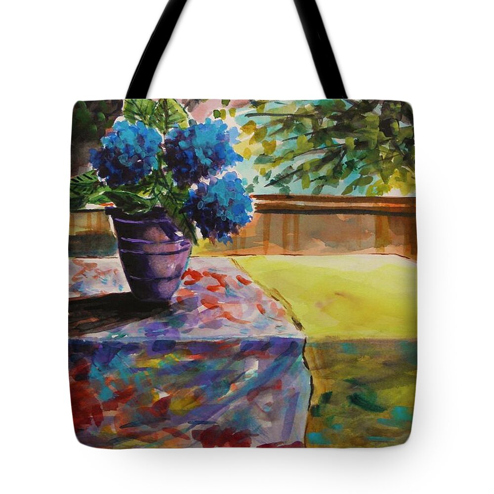 Hydrangeas Tote Bag featuring the painting Peacock Blue Hydrangeas by John Williams