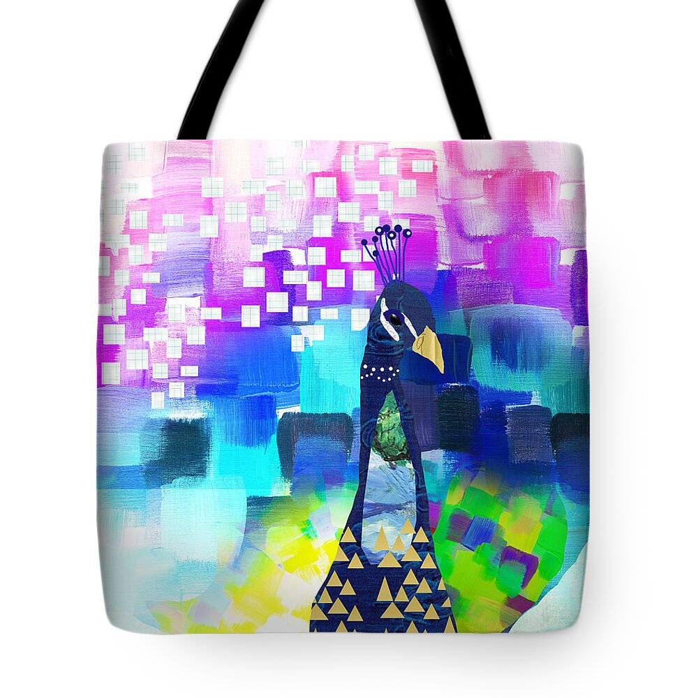 Peacock Collage Tote Bag featuring the mixed media Peacock Collage by Claudia Schoen