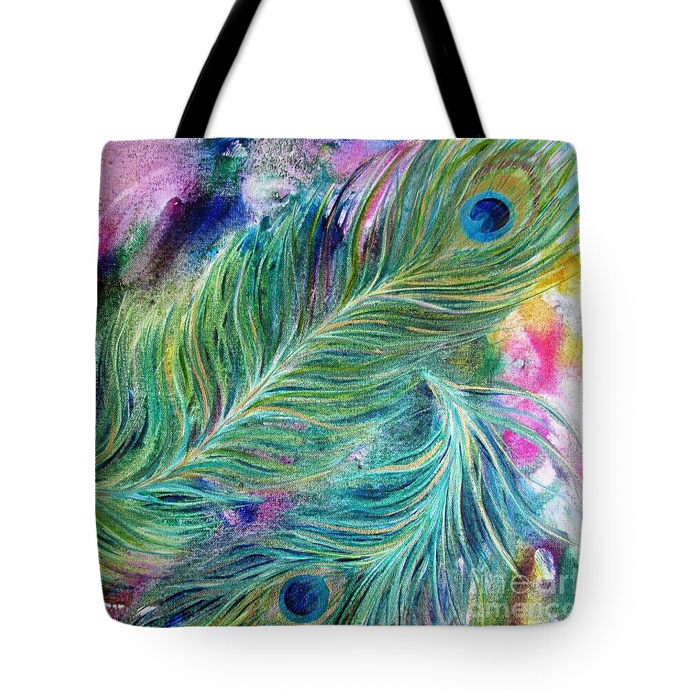 Peacock Feathers Tote Bag featuring the painting Peacock Feathers Bright by Denise Hoag
