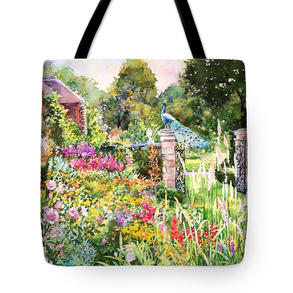 Painting Tote Bag featuring the painting Peacock in The Garden by Francoise Chauray