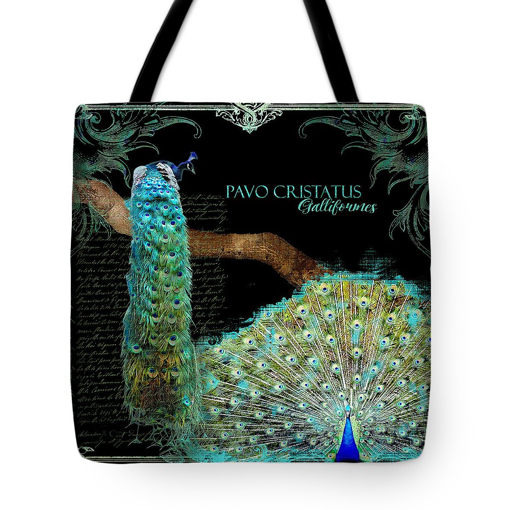 Regal Tote Bag featuring the mixed media Peacock Pair on Tree Branch Tail Feathers by Audrey Jeanne Roberts