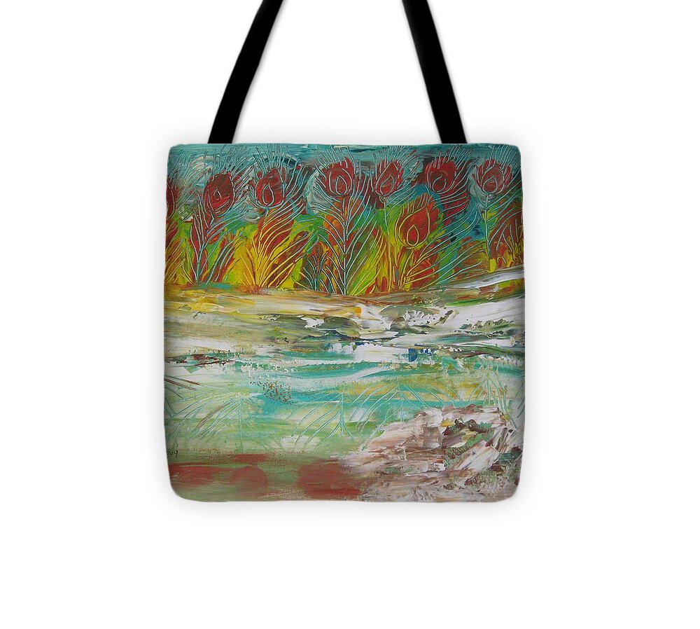 Abstract Tote Bag featuring the painting Peacock trees at the lake by Sima Amid Wewetzer