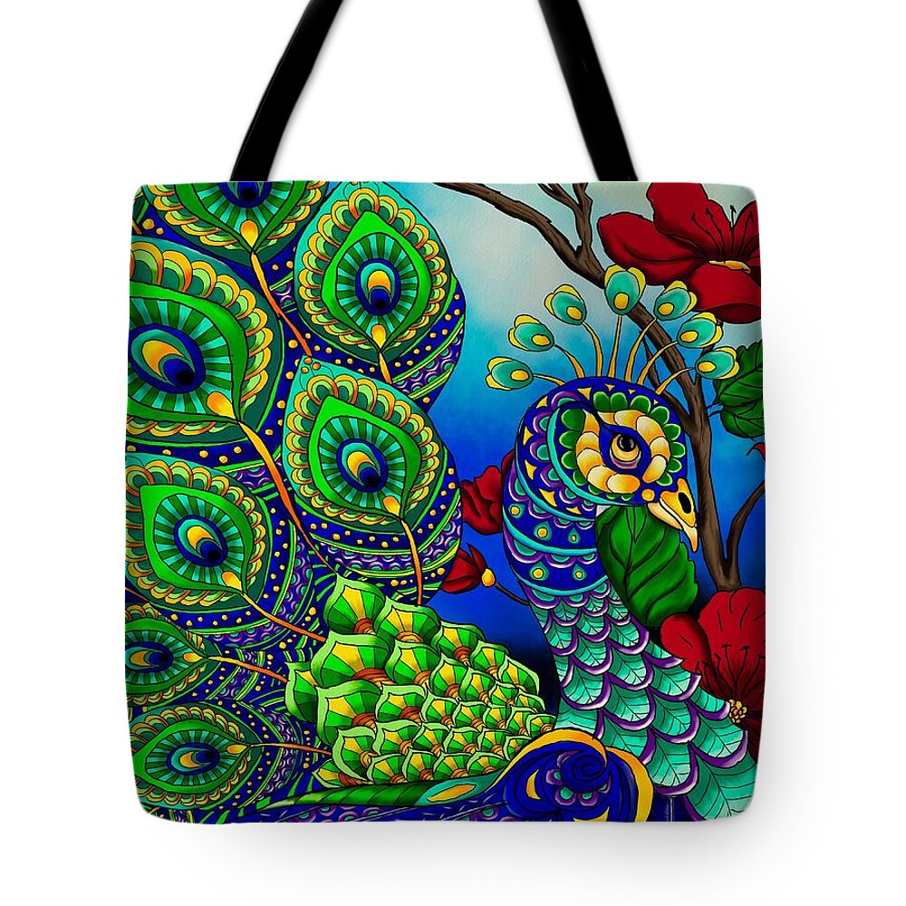 Peacock Tote Bag featuring the painting Peacock Zentangle Inspired Art by Becky Herrera