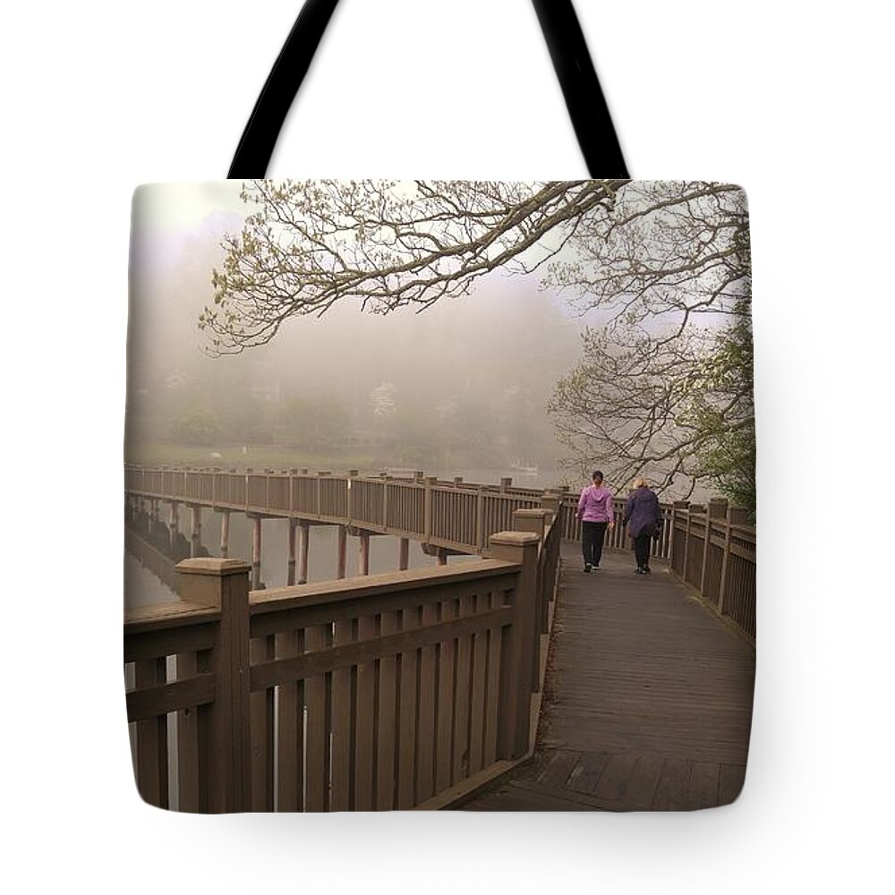 Fog Tote Bag featuring the photograph Pedestrian Bridge Early Morning by Chuck Brown
