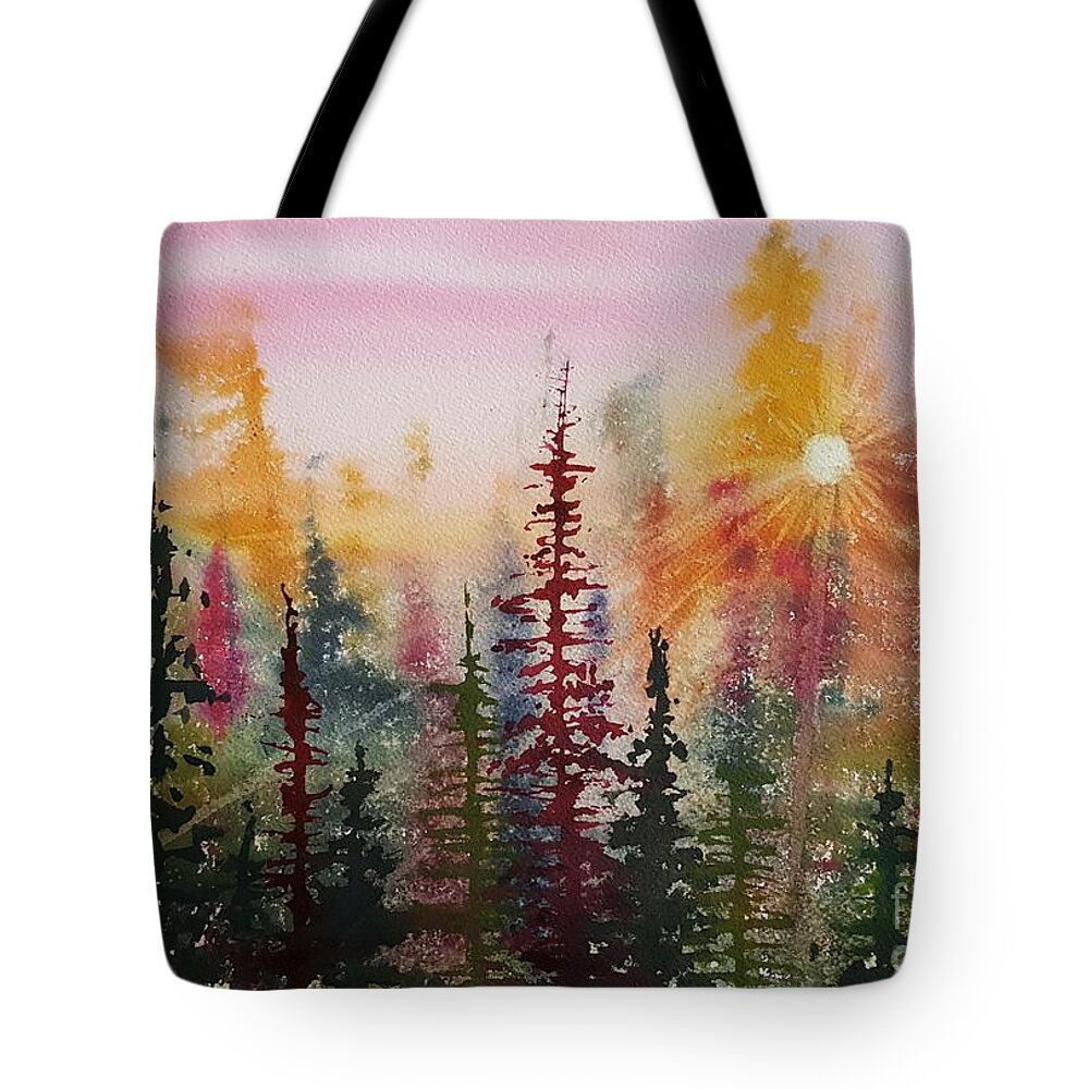 Pine Trees Tote Bag featuring the painting Peeking into Heaven by Lisa Debaets