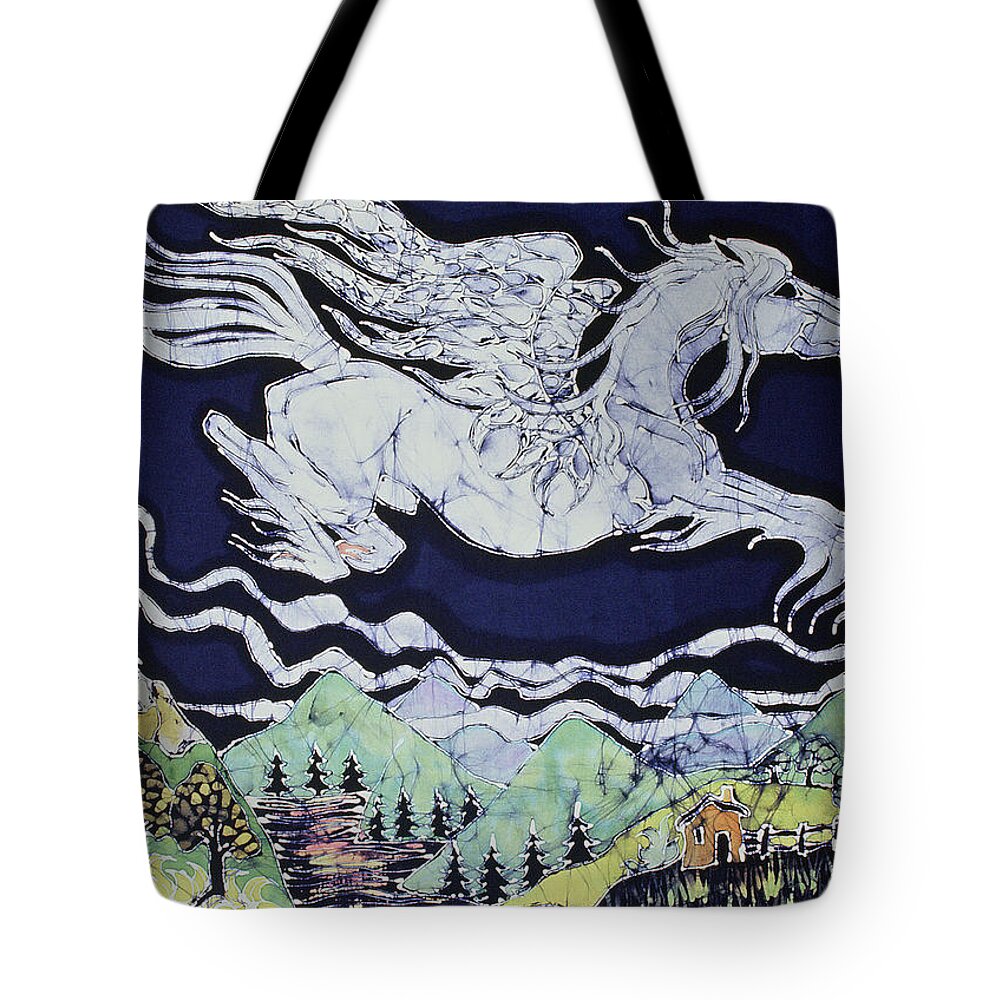  Fantasy Tote Bag featuring the tapestry - textile Pegasus Flying Over Stream by Carol Law Conklin