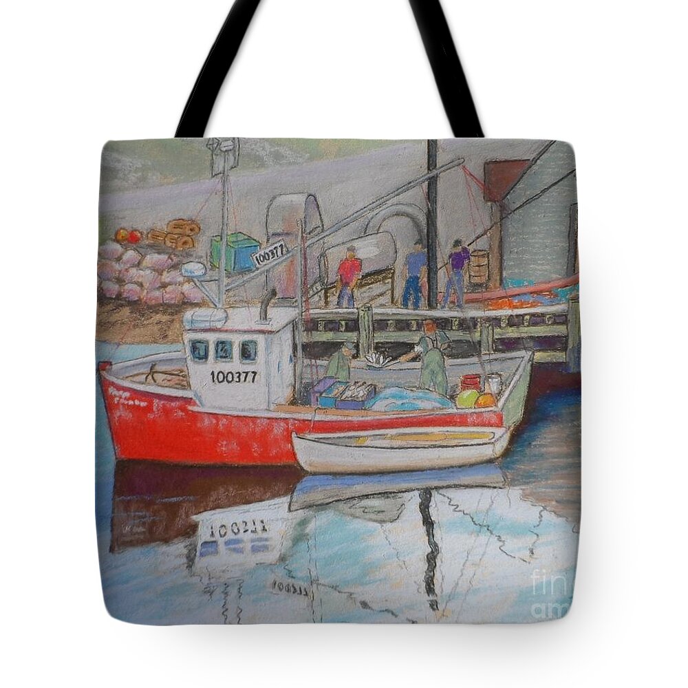 Pastels Tote Bag featuring the pastel Peggy's Cove Fishermen by Rae Smith
