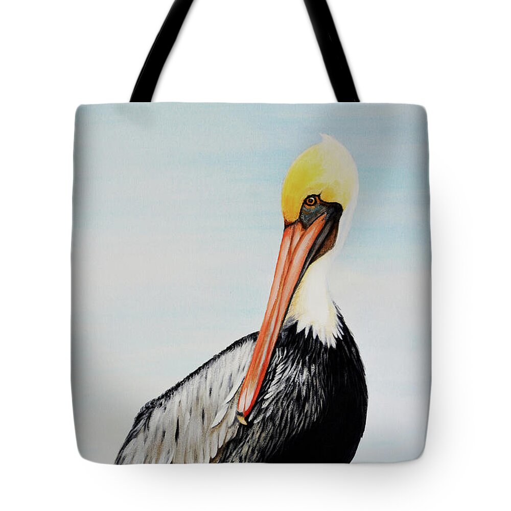 Pelican Tote Bag featuring the painting Pelican At The Marina by Jimmie Bartlett
