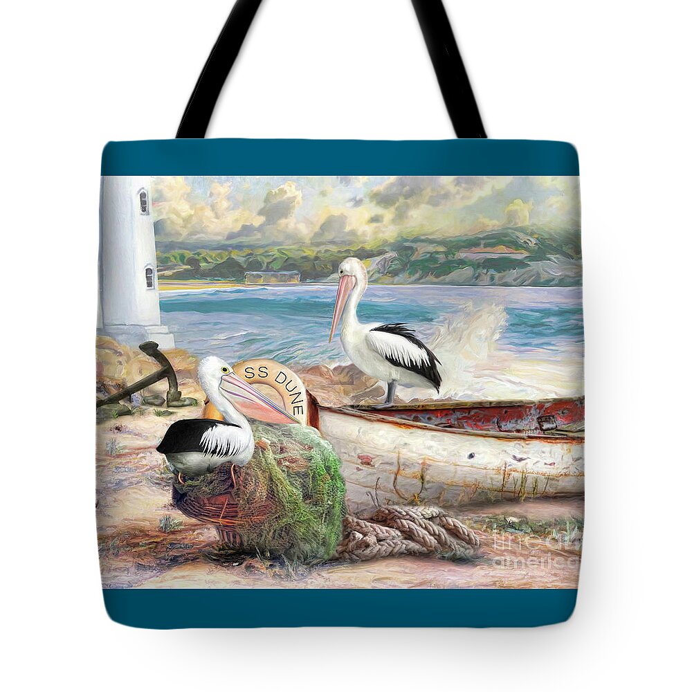 Pelican Tote Bag featuring the digital art Pelican Cove by Trudi Simmonds