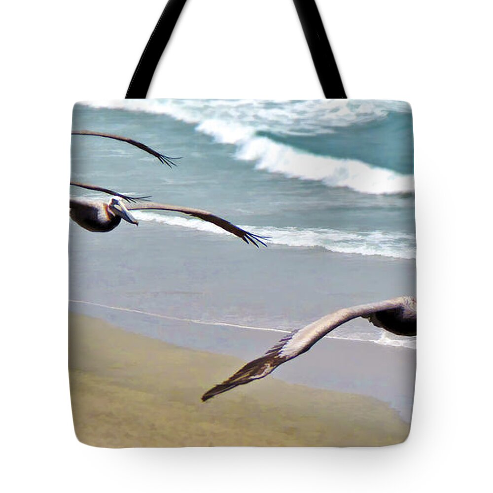 Pelican Tote Bag featuring the digital art Pelican Fly-by by L J Oakes