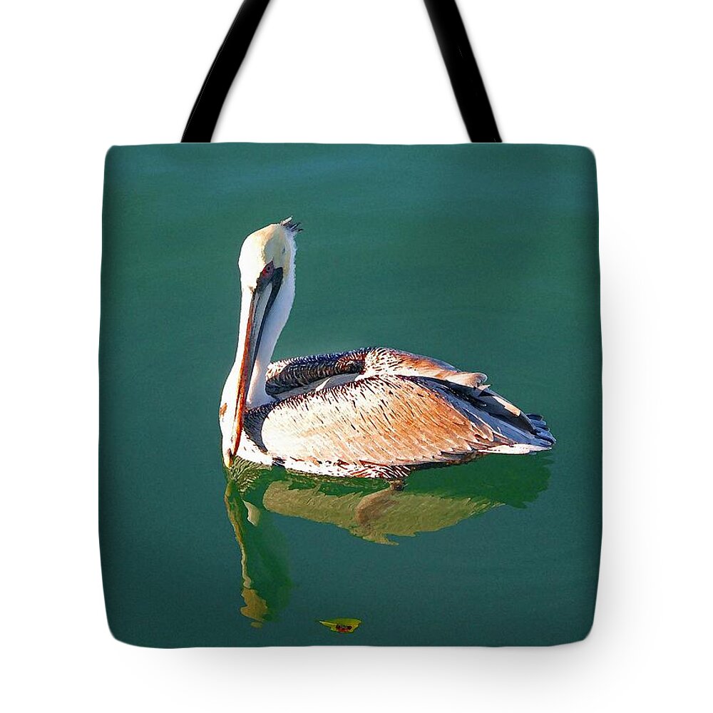 Pelican Reflection On Water Tote Bag featuring the painting Pelican Reflection by Michael Thomas
