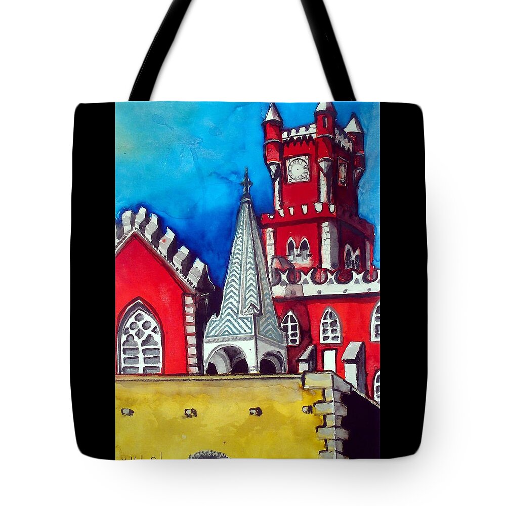 Lisboa Tote Bag featuring the painting Pena Palace in Portugal by Dora Hathazi Mendes
