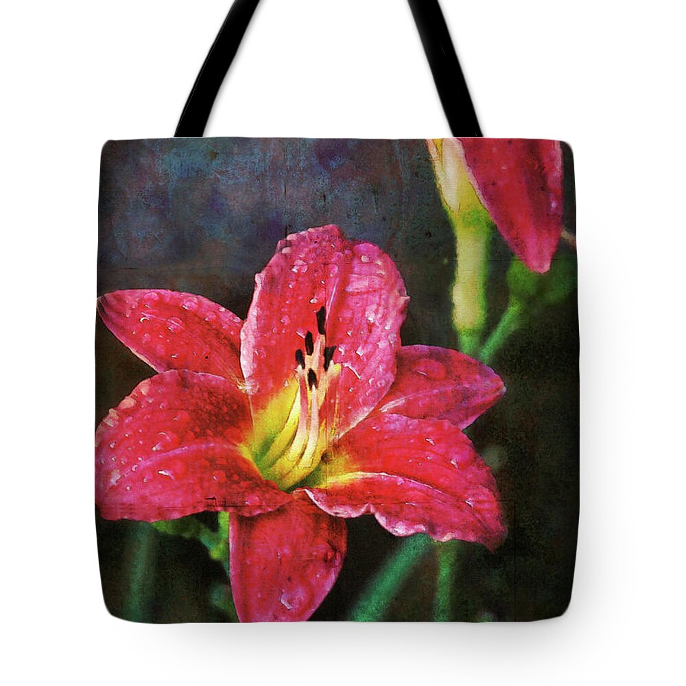 Red. Lily Tote Bag featuring the photograph After the Rain Lily by Jerry Griffin