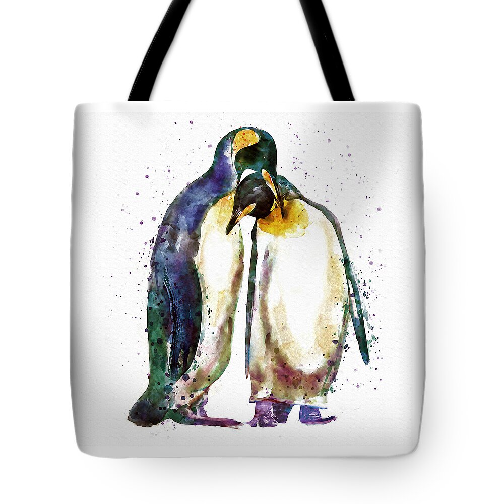 Marian Voicu Tote Bag featuring the painting Penguin Couple by Marian Voicu