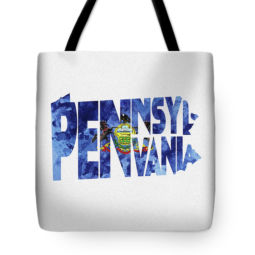 Pennsylvania Tote Bag featuring the digital art Pennsylvania Typographic Map Flag by Inspirowl Design