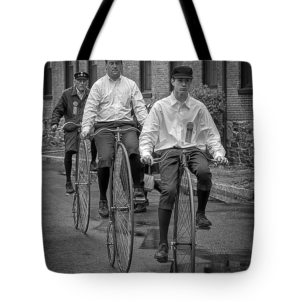Massachusetts Tote Bag featuring the photograph Penny Farthing Bikes BW by Rick Mosher