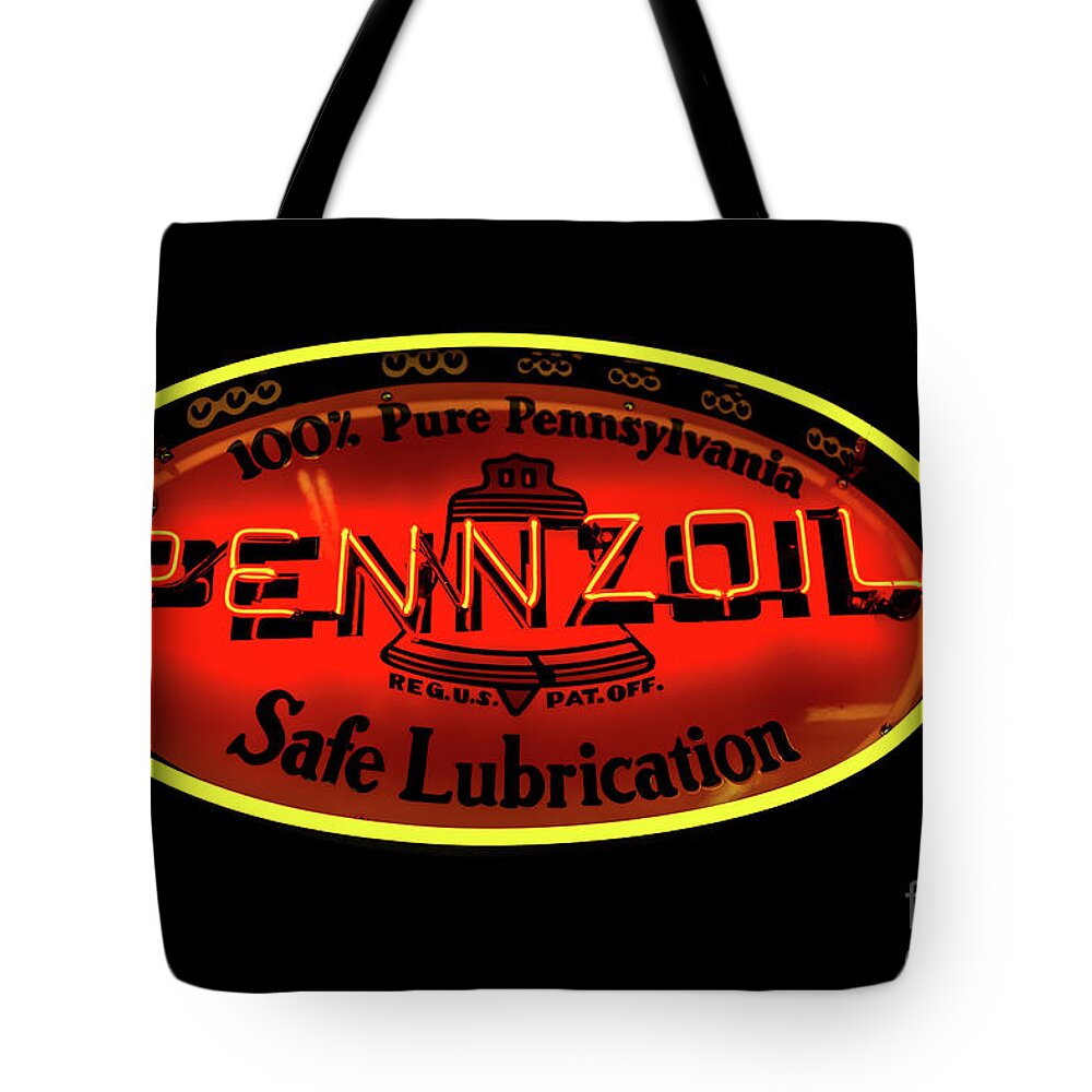Vintage Neon Sign Tote Bag featuring the photograph Pennzoil Neon Sign by M G Whittingham
