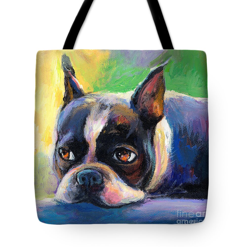Boston Terrier Dog Tote Bag featuring the painting Pensive Boston Terrier dog painting by Svetlana Novikova