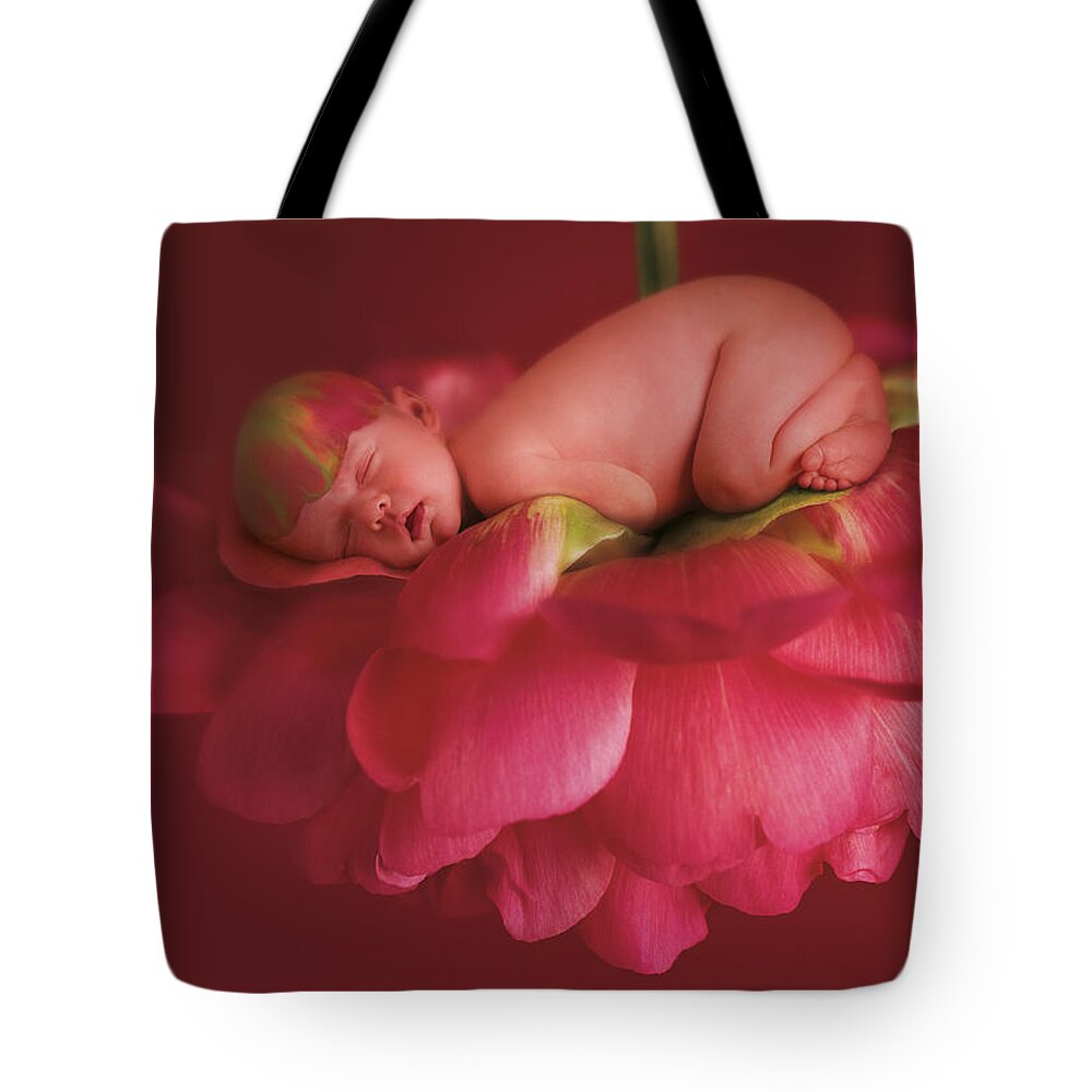 Pink Tote Bag featuring the photograph Chelsea on a Pink Peony Rose by Anne Geddes