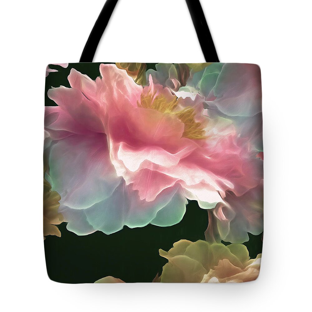 Peony Fantasies Tote Bag featuring the mixed media Peony Cluster 19 by Lynda Lehmann