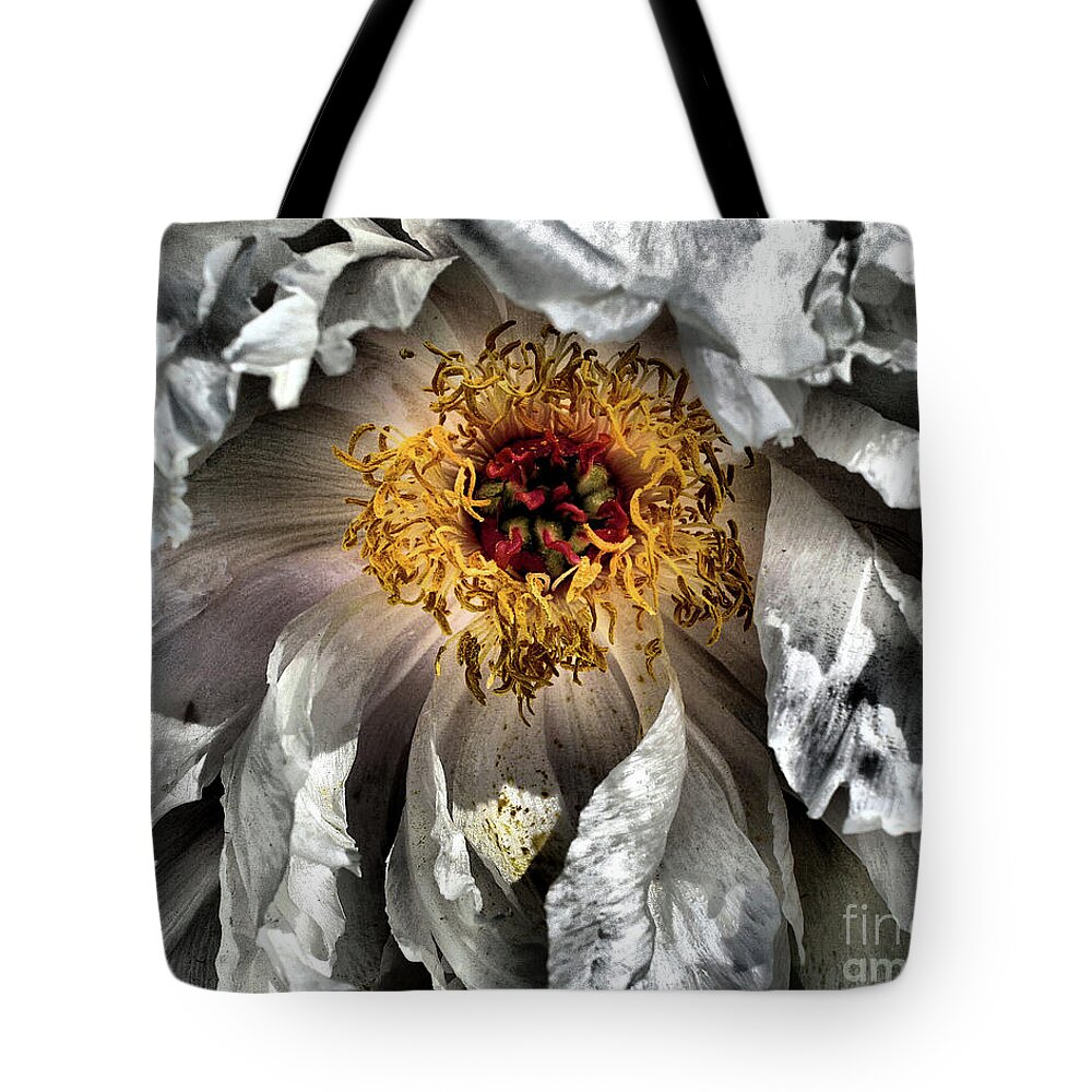 Peony Tote Bag featuring the photograph Peony Flower Petals by Smilin Eyes Treasures