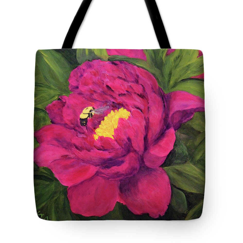 Flora Tote Bag featuring the painting Peony N Bee by Janet Greer Sammons