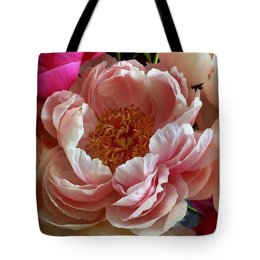 Light Peonies Petals Tote Bag featuring the photograph Peony Series 1-4 by J Doyne Miller