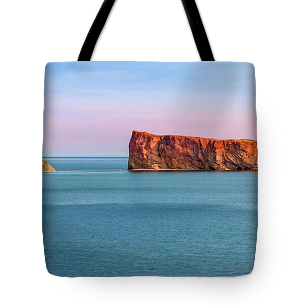 Perce Rock Tote Bag featuring the photograph Perce Rock panorama at sunset by Elena Elisseeva
