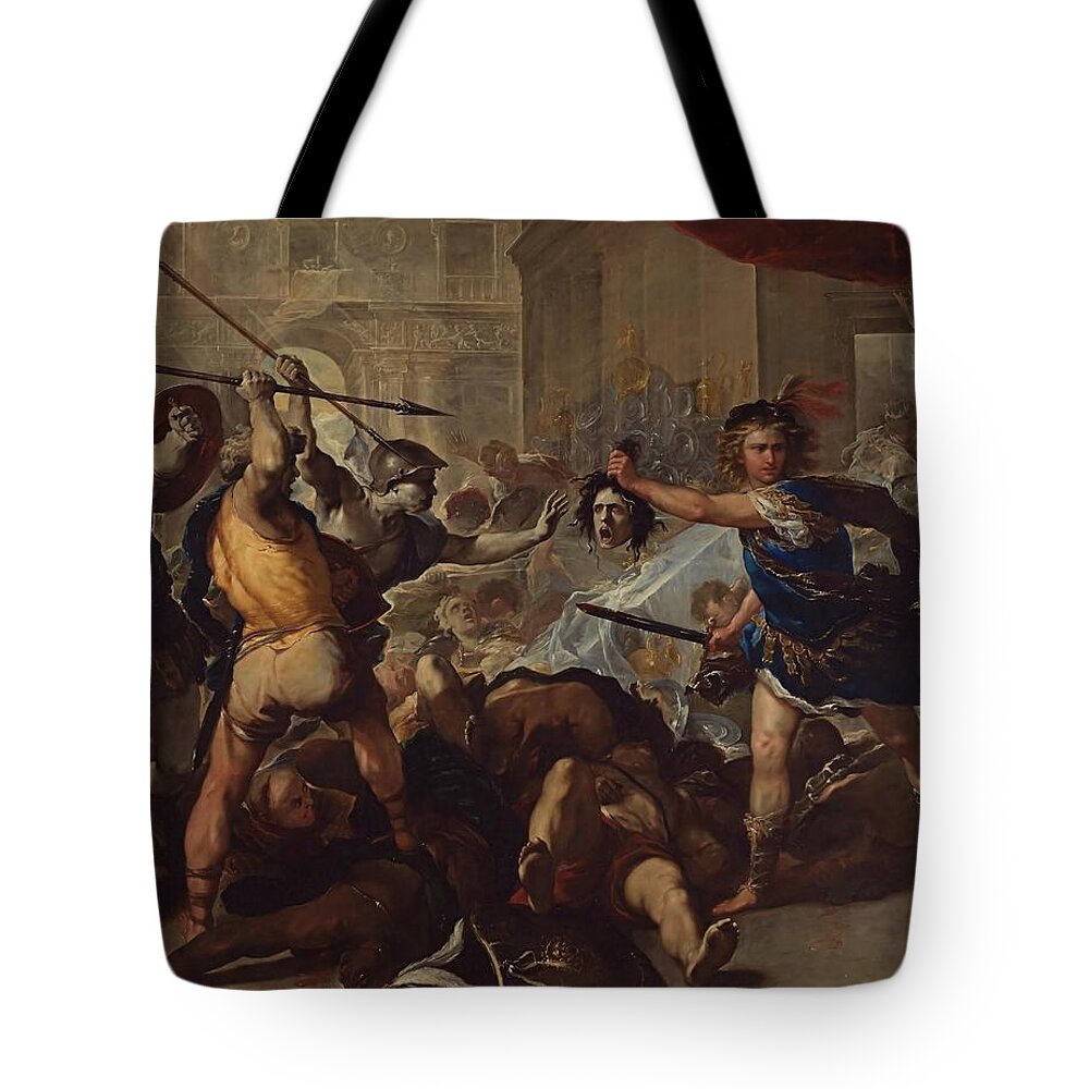 Luca Giordano Tote Bag featuring the painting Perseus fights Phineas by Luca Giordano