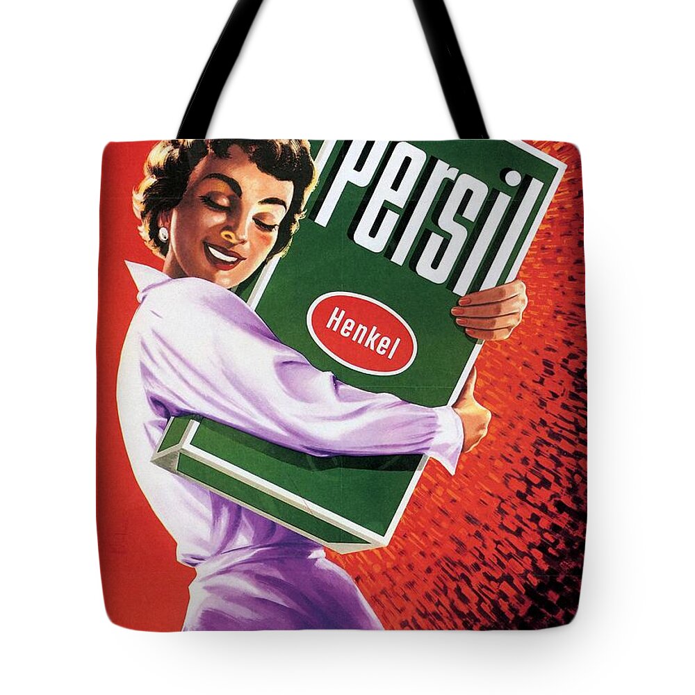 Vintage Tote Bag featuring the mixed media Persil - Henkel - Vintage Advertising Poster by Studio Grafiikka