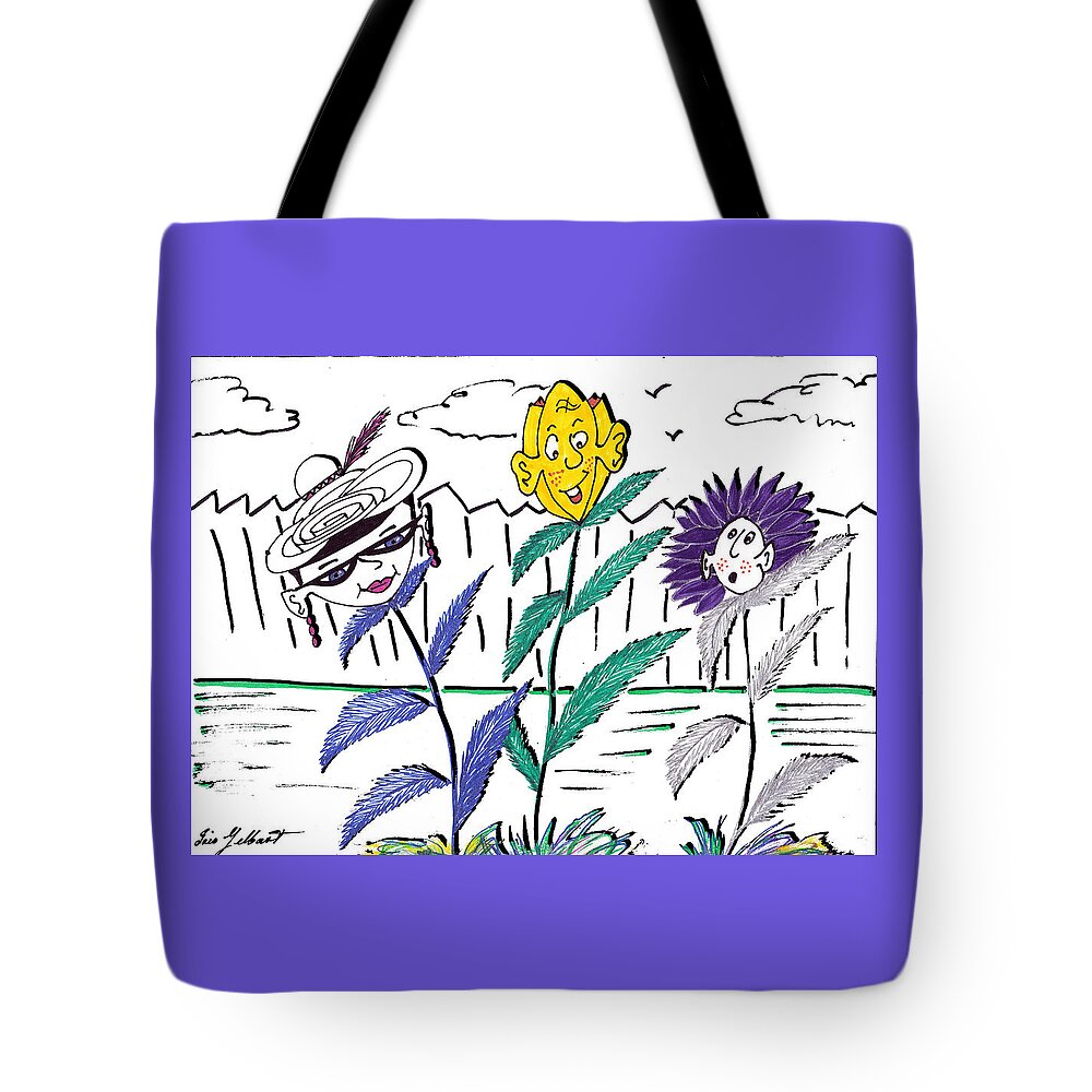 Comic Tote Bag featuring the drawing Personality Garden by Iris Gelbart