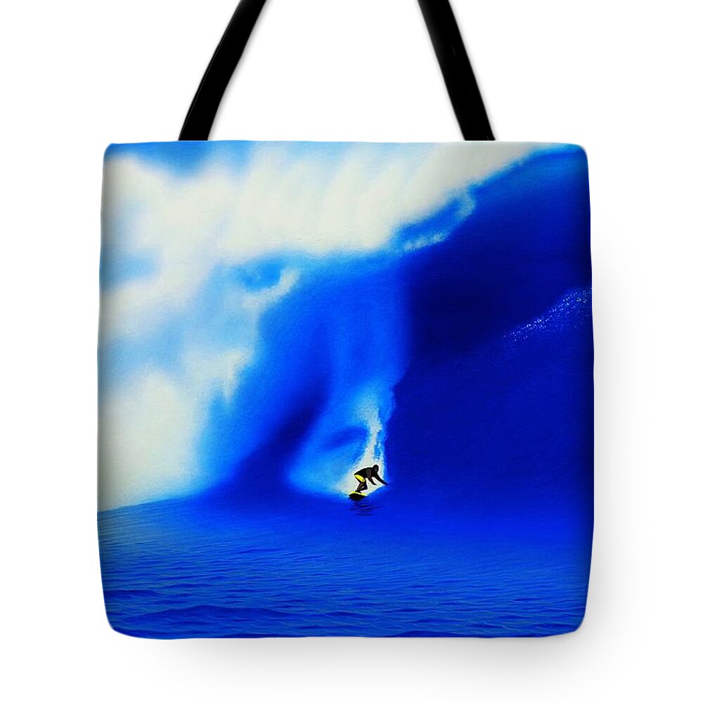 Surfing Tote Bag featuring the painting Jaws 2004 by John Kaelin